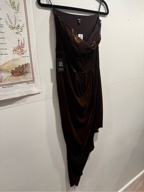 Express Asymmetrical Strapless Brown Velvet Draped Dress